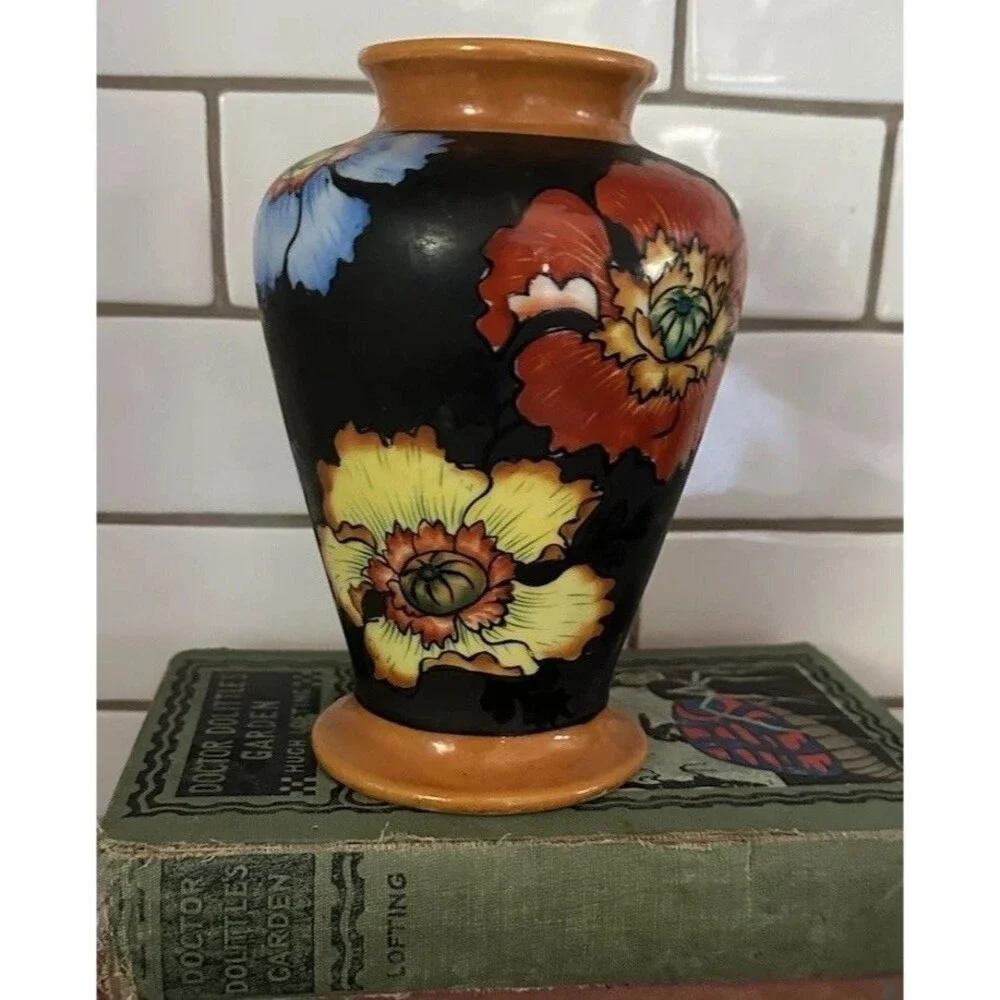 Orange Blue Red Poppy Black Flora Vase Japan Hand Painted 6.5”